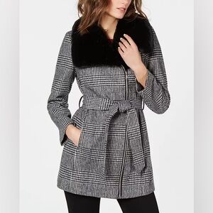 INC - International Concepts Faux-Fur-Collar Belted Plaid Coat